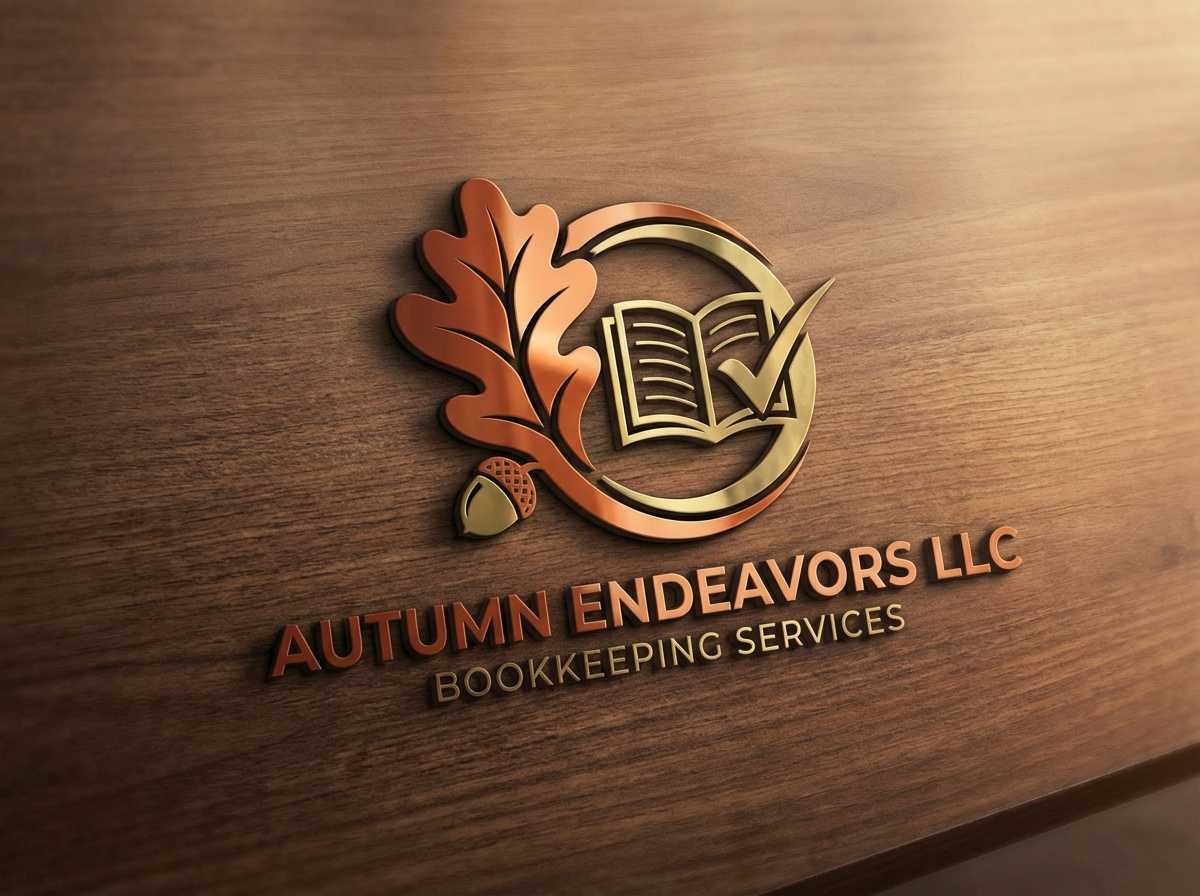 Autumn Endeavors oak leaf and bookkeeping logo on warm wood